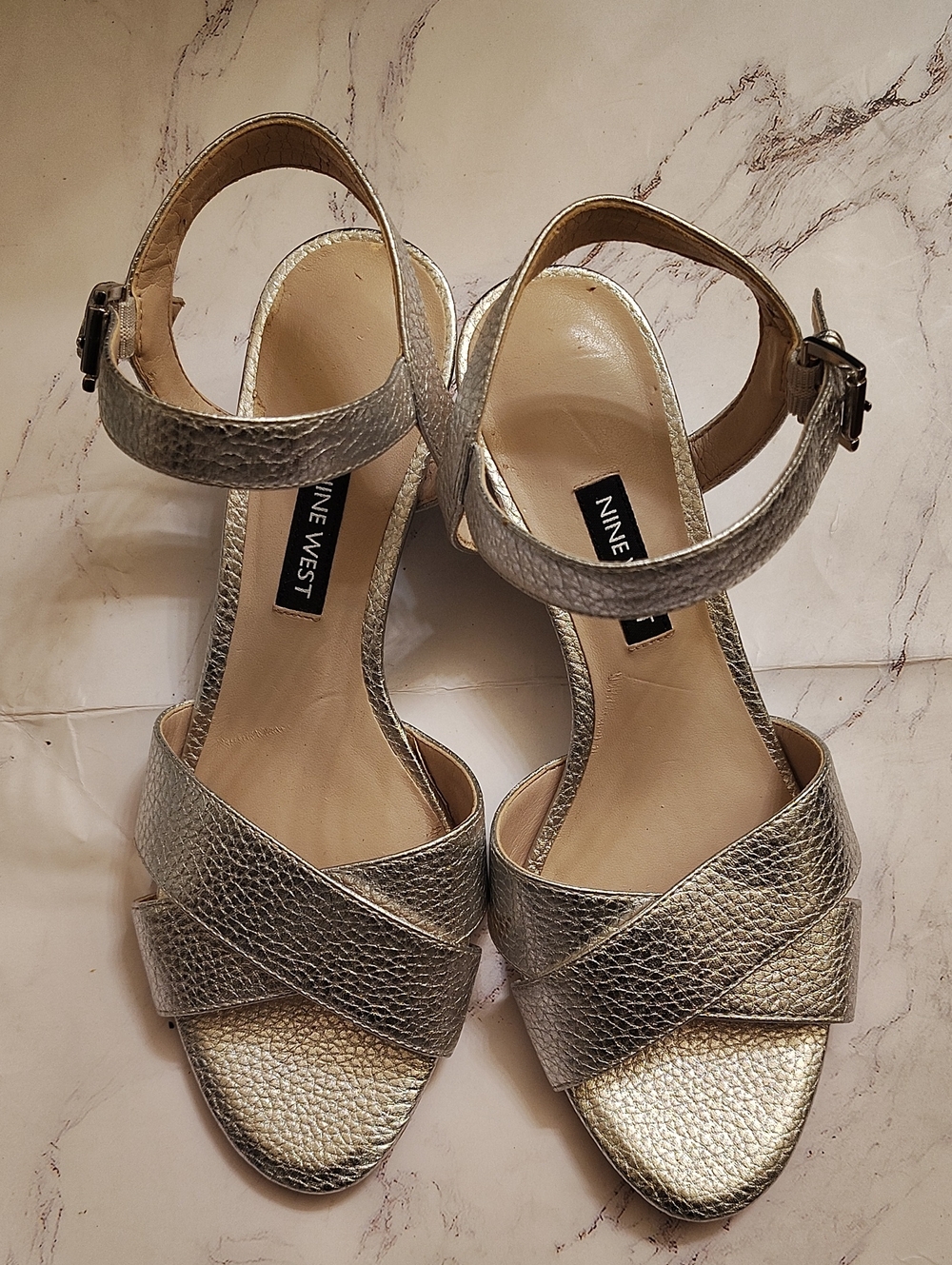 Nine West Metallic Silver Crisscross Ankle-Strap Sandals
